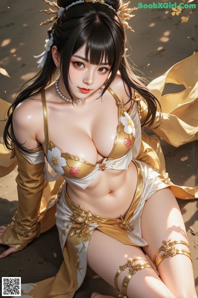 A woman in a gold and white outfit sitting on the ground.