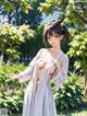 A woman in a white robe standing in a garden.